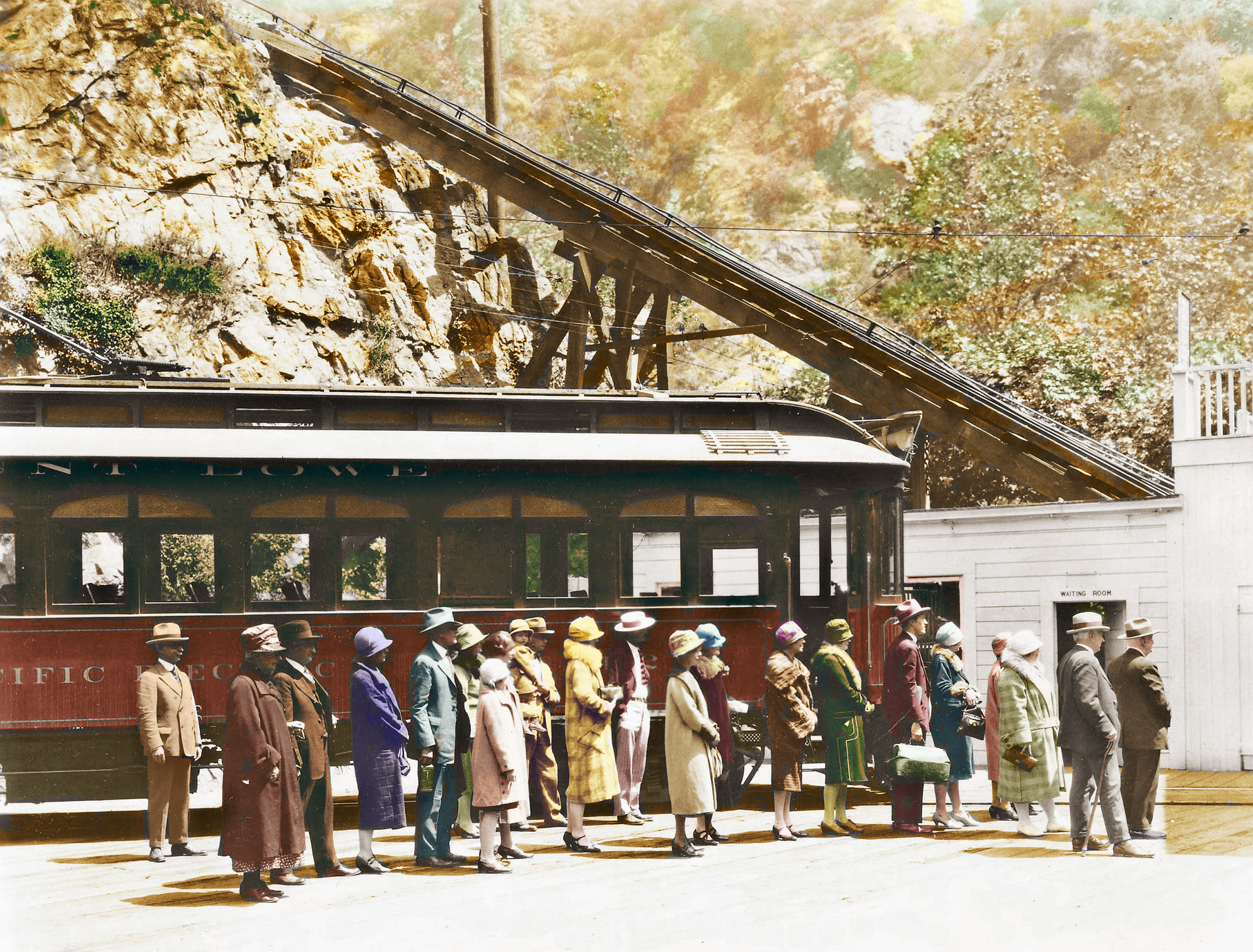 Here is a hand-colored image that was originally shot by Charles Lawrence, the official photographer of the Pacific Electric Railway, colorized by San Diego resident and railfan Bjorn Palenius. He has enhanced this image for everyone to enjoy, and we are grateful for his efforts and contributions. Charles Lawrence Photo, Bjorn Palenius Colorization
